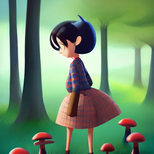 Image similar to goro fujita ilustration brunette girl in a checkered suit, picking mushrooms in the forest, painting by goro fujita, sharp focus, highly detailed, artstation