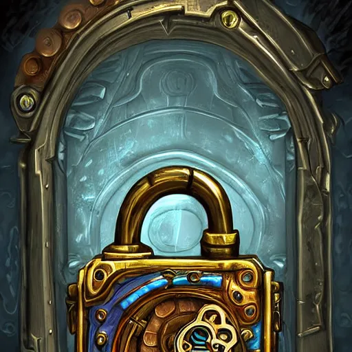 Image similar to a steampunk keyed padlock 🔒 🔑, fantasy digital art, magical background in the style of hearthstone artwork