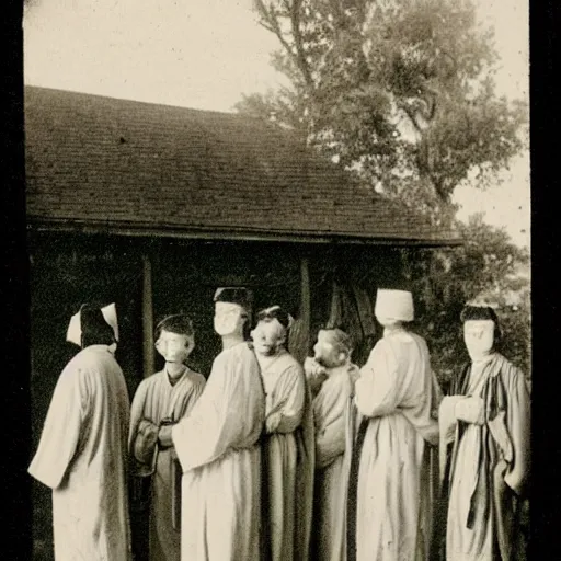 Image similar to worshippers dressed in robes belonging to the cult of porch. A porch. 1800s photo.