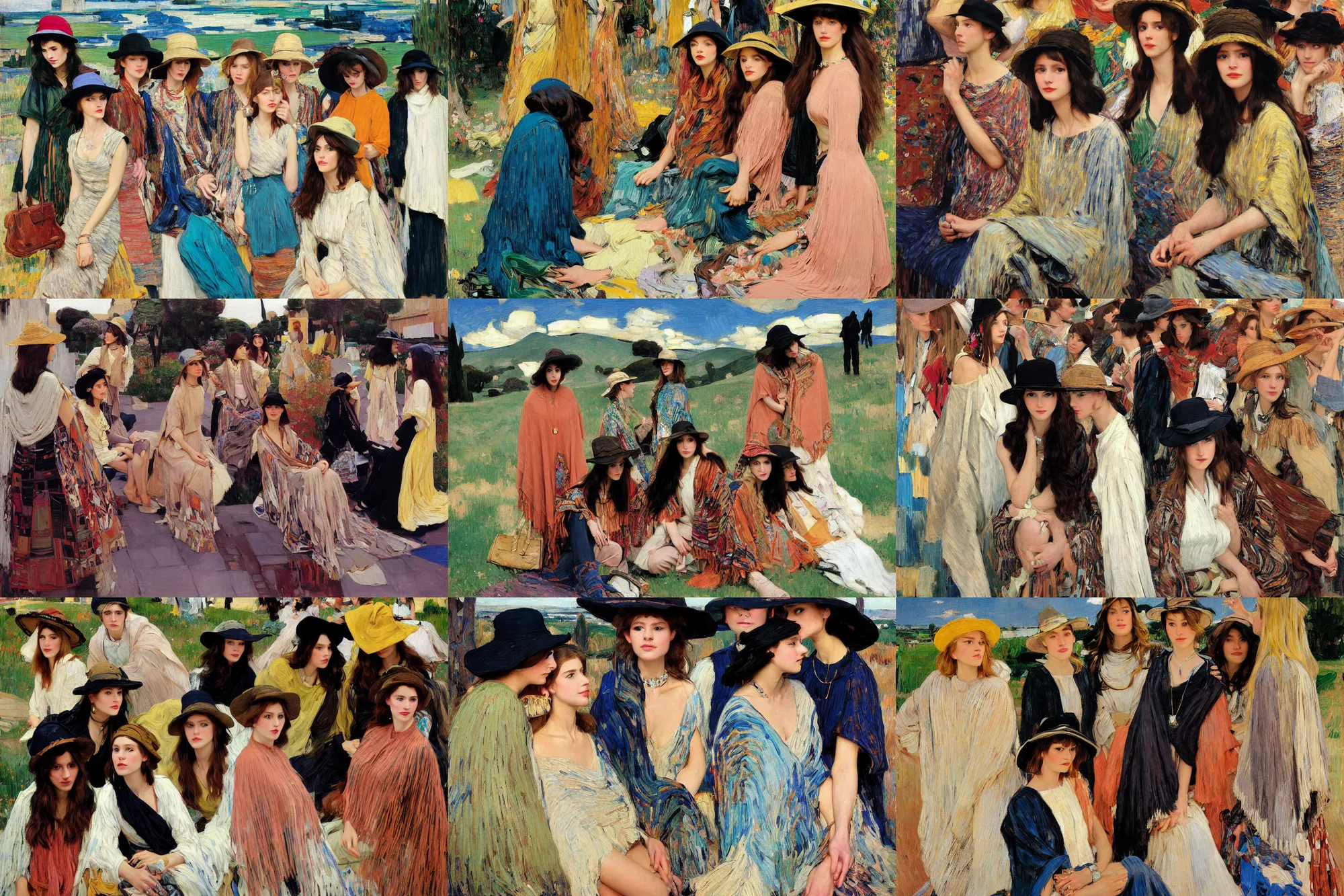 Image similar to portrait of group of fashionable young womans wearing rich jewerly hat and boho poncho, concrete hitech interior, 1970s fashion, sitting dynamic pose, Low poly, thunder clouds in the sky, artwork by Joaquin Sorolla and john william waterhouse and Denis Sarazhin and klimt and rhads and van gogh and Dean Ellis and Detmold Charles Maurice, levitation, industrial rusty pipes, simple form, brutal shapes