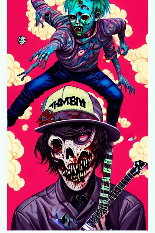 Image similar to a zombie skater punk playing electric guitar, tristan eaton, victo ngai, artgerm, rhads, ross draws