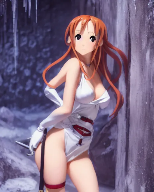 Image similar to pinup photo of asuna from sao in ice dungeon, asuna by a - 1 pictures, by greg rutkowski, gil elvgren, enoch bolles, glossy skin, pearlescent, anime, very coherent, maxim magazine, 3 d, vray, unreal 5, octave rendey, maya, cgsociety, dslr