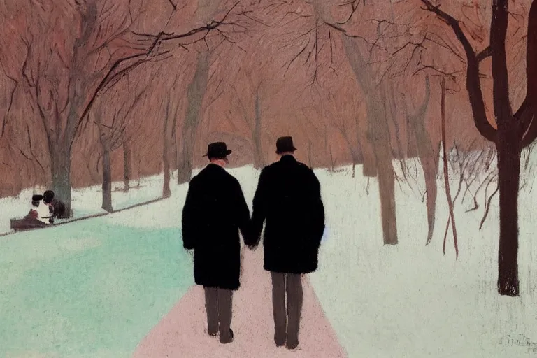 Image similar to a very tall man with dark hair holding the hands of a short young boy as they walk in a park on a bright beautiful winter day. part in the style of an edgar degas painting. part in the style of david hockney. triadic color scheme