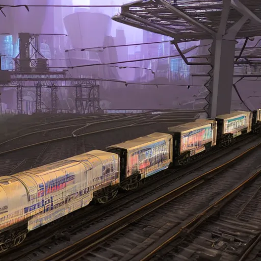 Image similar to photo of Immense industrial futuristic cargo train arrives at cyber punk city station, cinematic lighting,