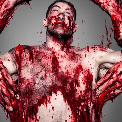 Image similar to ultra detailed photo of a man with many bloody arms covering his entire body