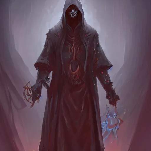 Image similar to concept art of a cultist in dark robes, lovecraftian elements, good illumination, detailed, intricate, artstation