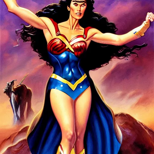 Prompt: A portrait of Jennifer Connelly dressed as wonder woman by Boris Vallejo ,Julie Bell, Brom ,Frank Frazetta , Jeff Easley , cinematic ,high quality