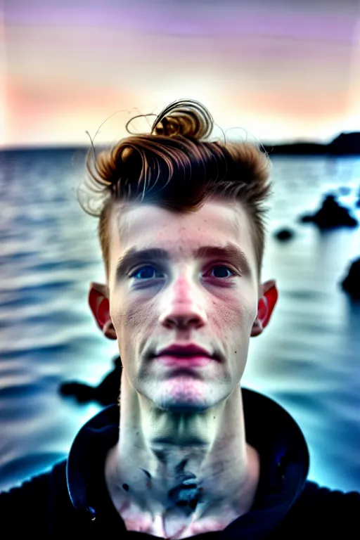 Prompt: high quality pastel coloured film mid angle selfie photograph of a beautiful young 2 0 year old male, soft features, black hair, standing in an icelandic black rock environment. atmospheric. three point light. photographic. art directed. ( pastel colours ). volumetric light. sheen. waves glitch. 8 k. filmic.