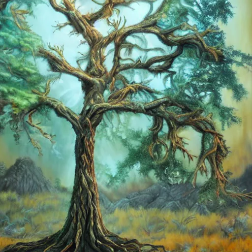 Prompt: A 44 year old tree, fantasy painting, lots of detail