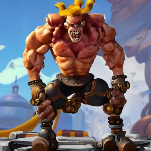 Image similar to a screenshot of junkrat arnold schwarzenegger as junkrat in overwatch