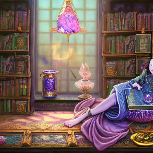 Prompt: a highly detailed fantasy pastel painting of a young wizard in ornate clothing lounging on a purpur pillow on the marble floor in front of her bookcase, studying an ancient tome. to the side is a potted plant and some blue candles. ancient oriental retrofuturistic setting. 4 k key art in the style yoshitaka amano and mark tedin