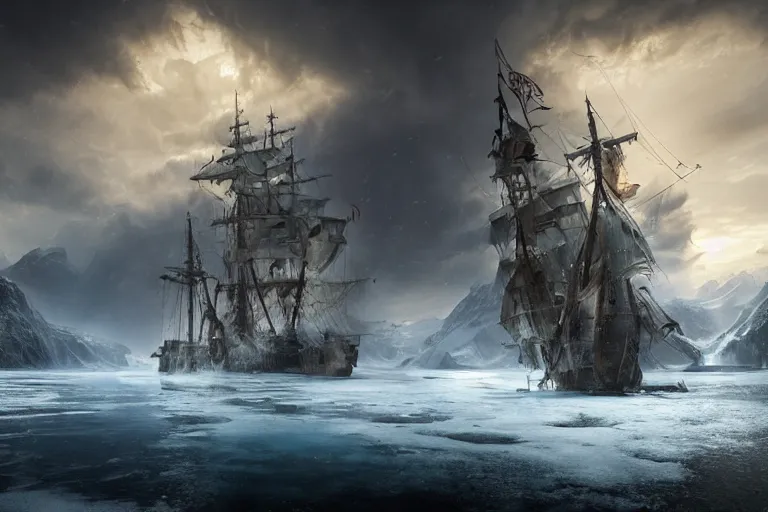 Prompt: a large pirateship frozen in ice on a glaciallake, landscape photography by marc adamus, dramatic lighting, thunderclouds, dramatic, rule of thirds, golden ratio, ambient lighting, wlop, artgerm, artstation, highly detailed masterpiece, dark fantasy art, intricate details, elegant, ultra realistic, trending on artstation