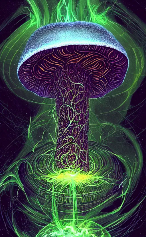 Image similar to enormous mushroom deity of the stars resides inside void manifold, mycelium forms quantum foam, fractal of scary dirac equations, portrait by ross tran, timeline nexus, ascending universes, a dnd illustration of esoteric concept by cgsociety and james gurney, artstation, hdr, rtx, iridescent wise mushroom deity