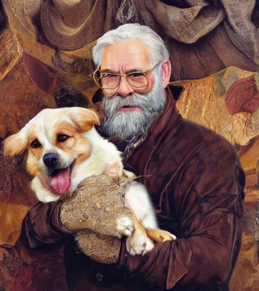 Image similar to full portrait of a old, ruggedly handsome bearded man holding corgi dog, real hands, soft hair, muscular, half body, cloth, d & d, fantasy, intricate, elegant, highly detailed, digital painting, artstation, concept art, smooth, sharp focus, illustration, art by artgerm and greg rutkowski and alphonse mucha