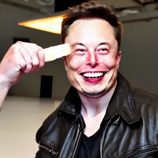 Prompt: Elon Musk excitedly eating a Slim Jim