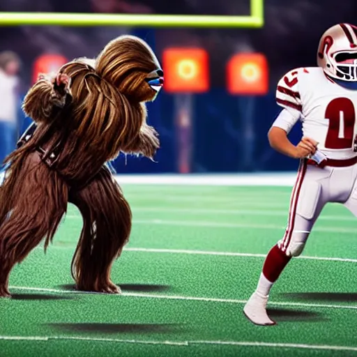 Prompt: replay of a football game with chewbacca as the quarterback, highly detailed, extremely high quality, hd, 4 k, 8 k, canon 3 0 0 mm, professional photographer, 4 0 mp, lifelike, top - rated, award winning, realistic, detailed lighting, detailed shadows, sharp, no blur, edited, corrected, trending