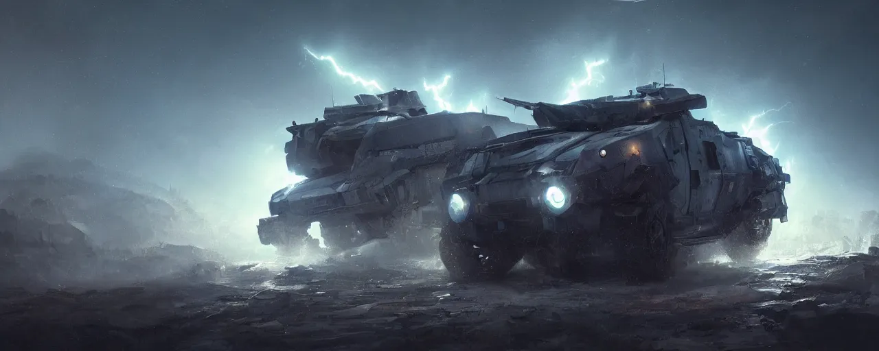 Image similar to an image of an armored vehicle in the night on a mountain with blue headlights on by Paul Chadeisson, atmospherical, heavy storm, lightnings , concept art, high detail, intimidating , cinematic, Artstation trending, octane render