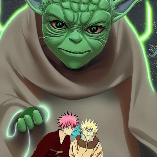 Prompt: naruto and yoda kissing under the moom