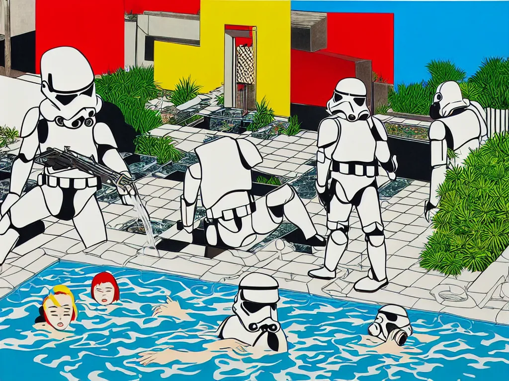 Image similar to hyperrealism composition of the japanese house with a hot springs in the garden, two detailed stormtroopers bathe in a hot spring, pop - art style, jacky tsai style, andy warhol style, roy lichtenstein style, acrylic on canvas