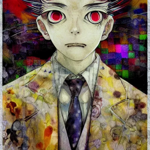 Image similar to yoshitaka amano blurred and dreamy realistic illustration of a character with black eyes and white hair wearing dress suit with tie, junji ito abstract patterns in the background, satoshi kon anime, noisy film grain effect, highly detailed, renaissance oil painting, weird portrait angle, blurred lost edges, three quarter view