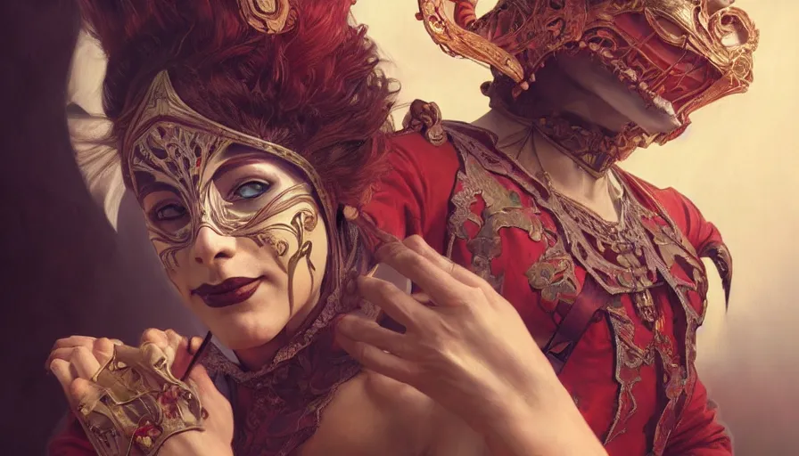 Prompt: masked, perfectly-centered-Portrait, evil, circus artist, intricate, highly detailed, digital painting, artstation, concept art, smooth, sharp focus, illustration, Unreal Engine 5, 8K, art by artgerm and greg rutkowski and alphonse mucha