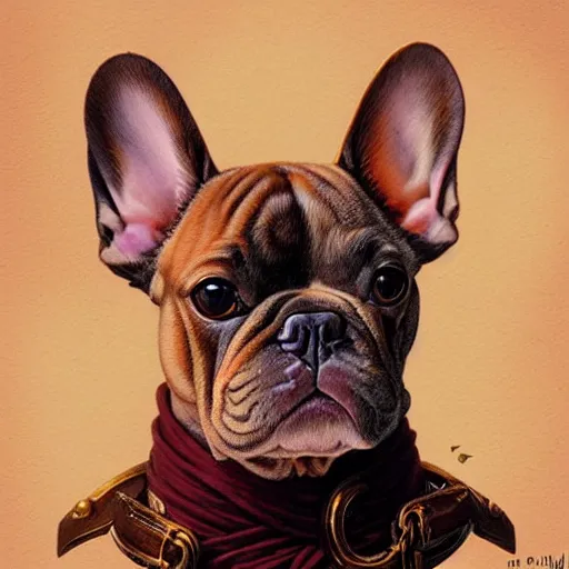 Prompt: 3/4 headshot of French bulldog captain, D&D, handsome, fantasy, intricate, long hair, airship, steampunk, red hair, elegant, highly detailed, digital painting, artstation, concept art, smooth, sharp focus, illustration, art by artgerm and greg rutkowski and alphonse mucha