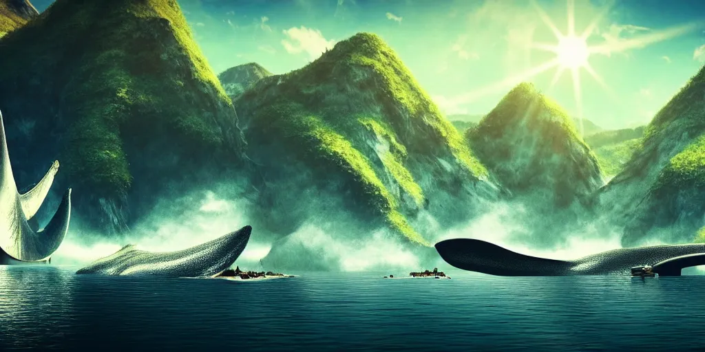 Prompt: dream, steampunk, beautiful nature, sunny day, sunshine lighting high mountains, which are higher than white fluffy clouds with green trees on top, a small wooden bridge connecting two mountains, ocean beneath the mountains with clear blue water, steel whales jumping and showing from the waves, cinematic, 8k, highly detailed
