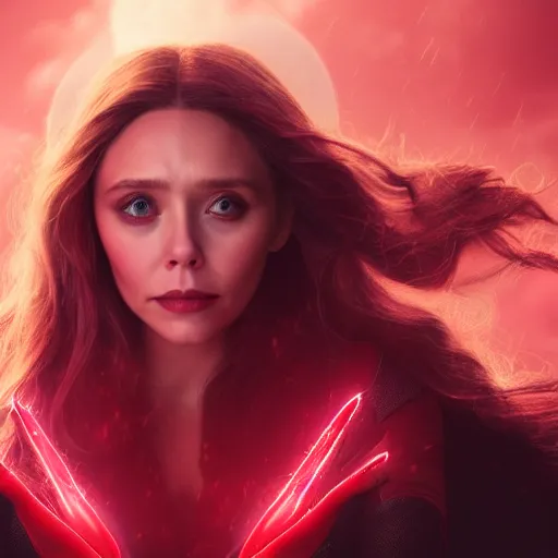 Prompt: movie still of elizabeth olsen as the scarlet witch afloat in the air with red eyes, using her magic to control the weather, trending on artstation, 8 k quality, cgsociety contest winner, artstation hd, artstation hq, luminous lighting, beautiful cloudy atmosphere