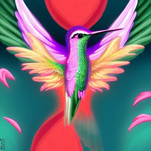 Image similar to frantic hummingbird phoenix zipping around, wanting to explore and investigate everything. it\'s curiosity is unbounded and unsatiable, digital art, trending on artstation, cartoon, stylized, rainbow feathers