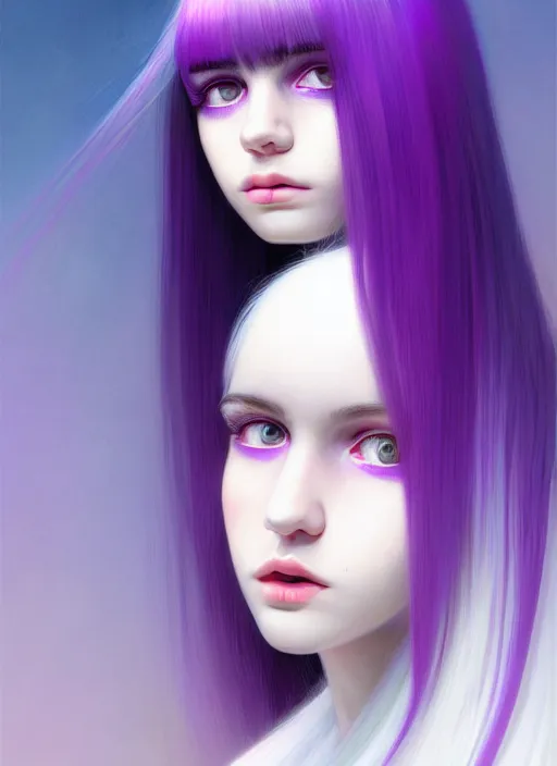 Image similar to hair whitebangs hair, black hair, whitebangs, portrait of teenage girl with white bangs, red irises, purple clothes, white bangs, bangs are different color from hair, intricate, elegant, glowing lights, highly detailed, digital painting, artstation, concept art, smooth, sharp focus, illustration, art by wlop, mars ravelo and greg rutkowski