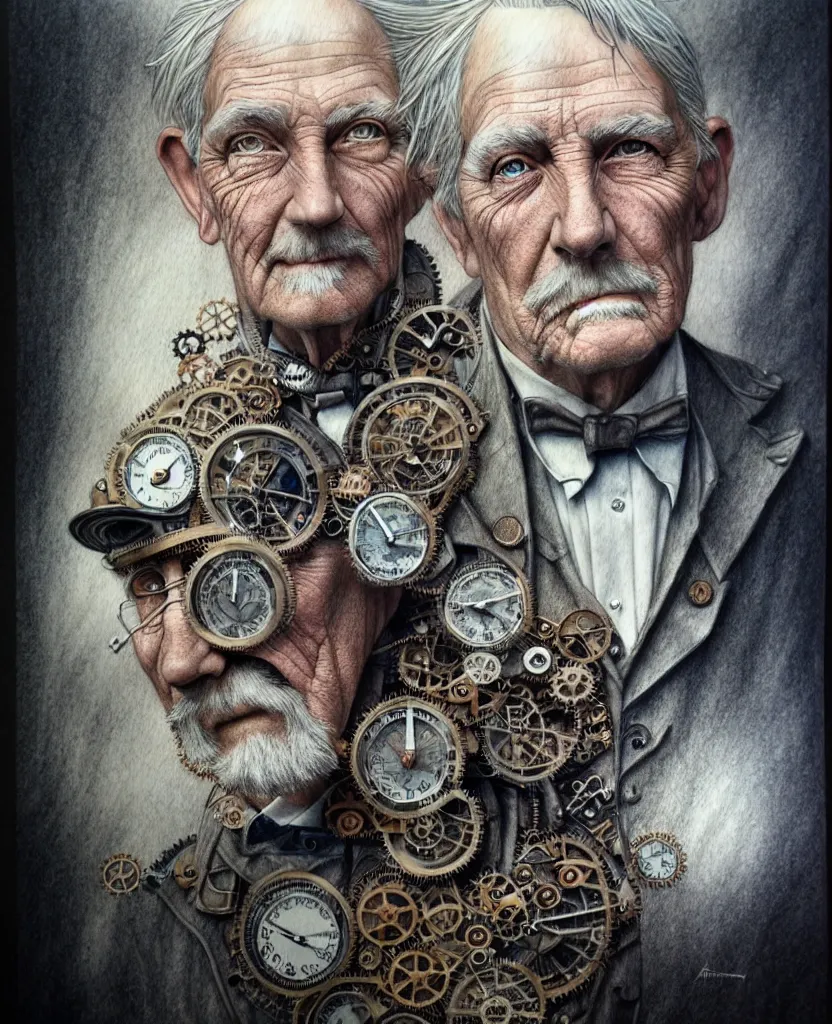 Image similar to hyper realistic full figure pencil drawing of an older man steampunk, water color, detailed, rim light, diffused, intricate, by anna dittmann,