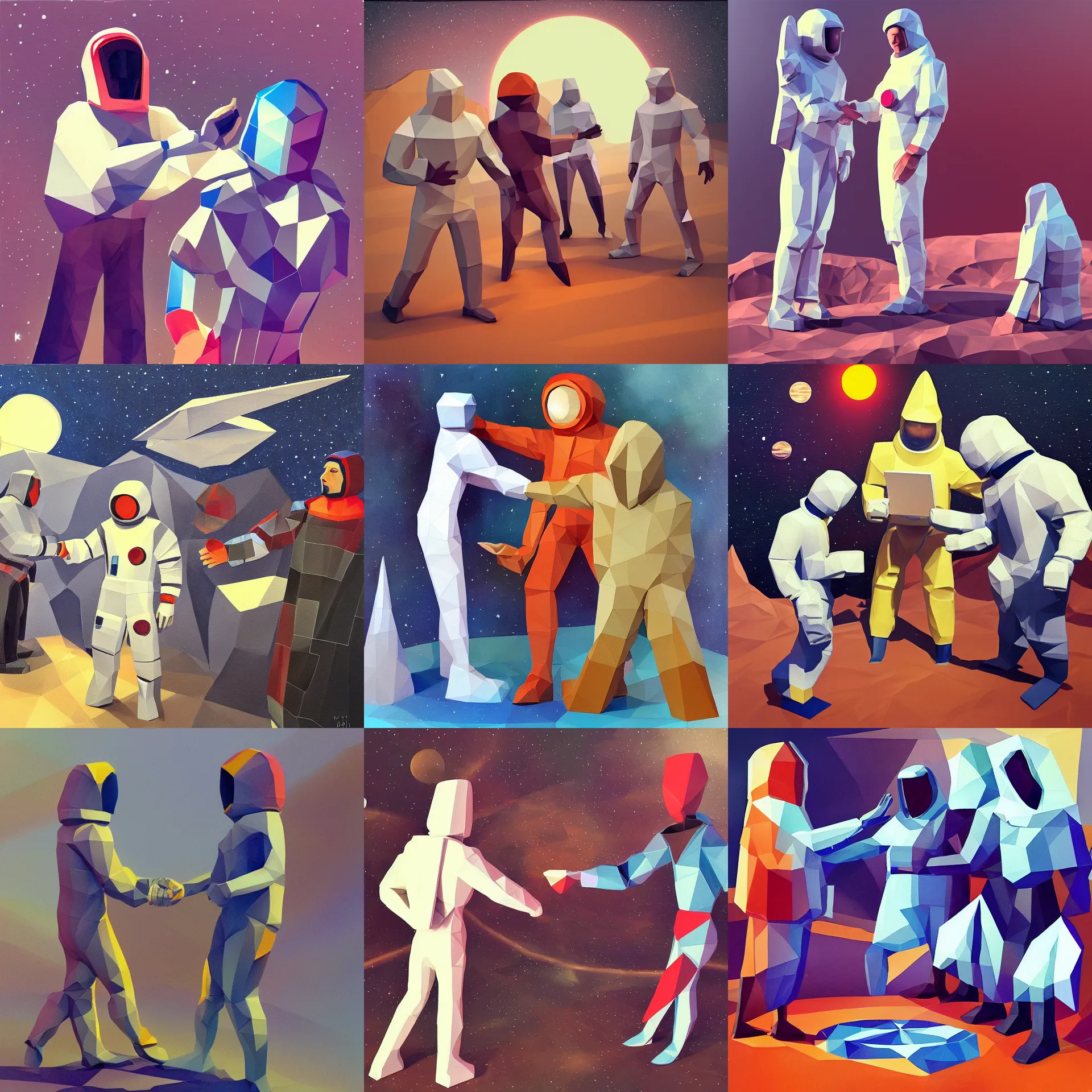 Prompt: painting of retro low - poly religious space man meeting