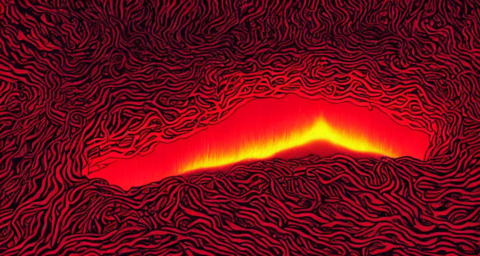 Image similar to a volcano made of ivory vines and crimson rocks enters in eruption, it spits a smoke in the shape of demonic eye, by Dan mumford,