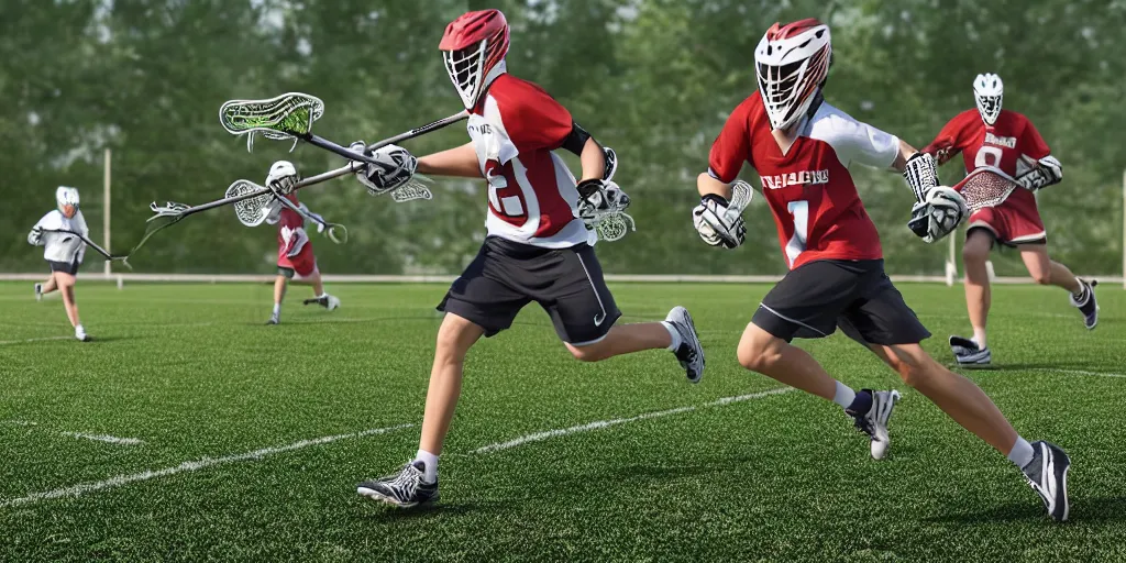 Image similar to lacrosse player, soccer field, cascade helmet, realistic, running, very detailed, 8k, high resolution, ultra realistic, no grain, symmetry, normal proportions, sports illustrated style, Cascade XRS Custom Lacrosse Helmet, brine lacrosse stick, Brine Lacrosse King V Gloves, normal feet, Nike Alpha Huarache 7 Elite, STX Surgeon 700 Lacrosse Arm Guards