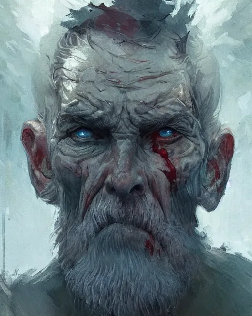 Image similar to old man with a big scar on his blind left eye, elegant, hard edges, wrath, muscles, ethereal, horror, fantasy art by greg rutkowski and magali villeneuve and claude monet