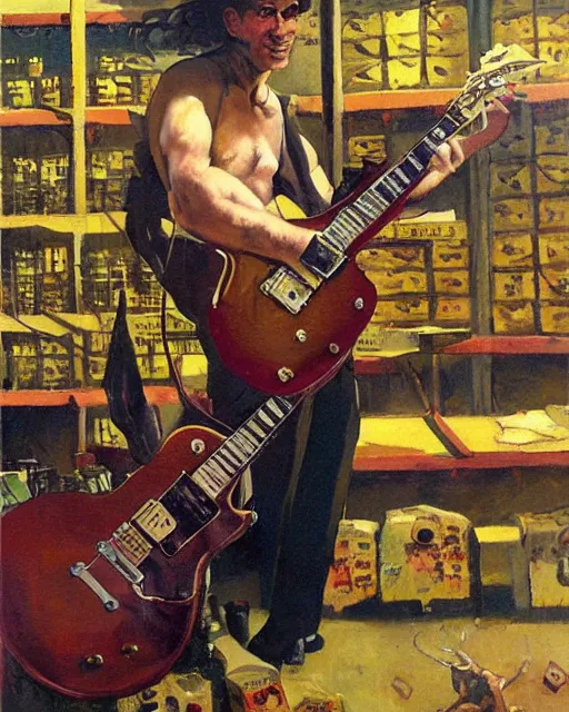 Image similar to Snake Oil salesman shredding on a Gibson Les Paul in a snake oil warehouse, painting by Frank Frazetta