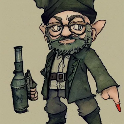 Prompt: Gnome Alchemist dressed like a mobster, drawn by Yoji Shinkawa, water color, Dungeons and Dragons, Wizards of the Coast