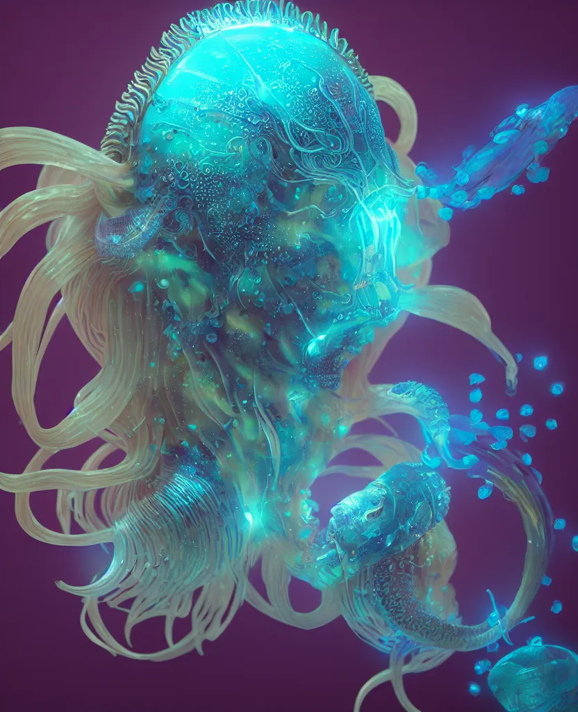 Image similar to goddess close-up portrait. chimera orchid jellyfish phoenix head, nautilus, skull, betta fish, bioluminiscent creatures, intricate artwork by Tooth Wu and wlop and beeple. octane render, trending on artstation, greg rutkowski very coherent symmetrical artwork. cinematic, hyper realism, high detail, octane render, 8k