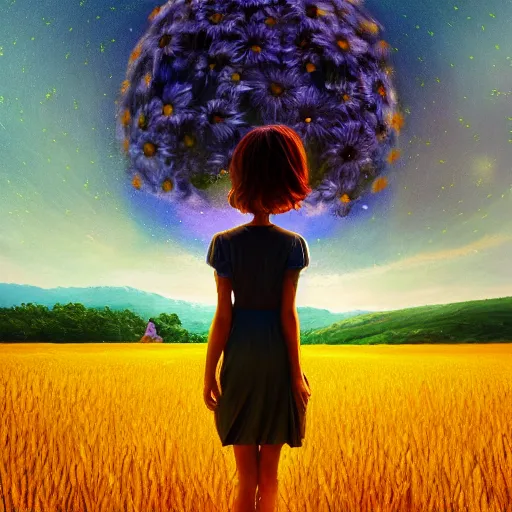 Prompt: giant daisy flower as a head, girl walking in wheat field, hills, surreal photography, dark night, star trails, dramatic light, impressionist painting, clouds, digital painting, artstation, simon stalenhag