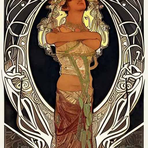 Image similar to beautiful, gorgeous art nouveau drawing of a black egyptian cat by alphonse mucha, impressive, wonderful, very detailed, perfect anatomy, symmetrical, trending on artstation, masterpiece