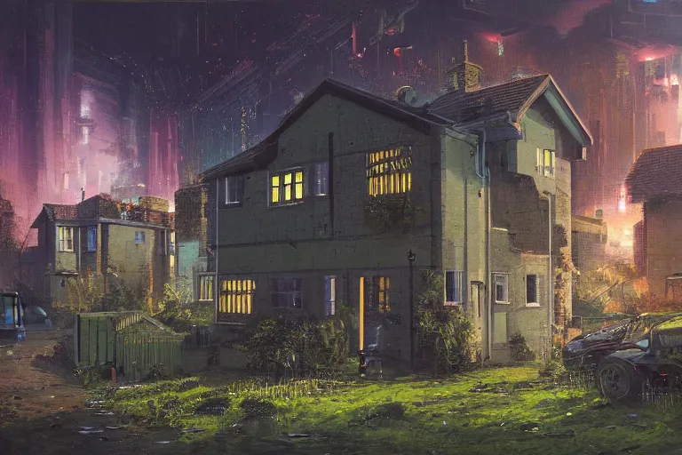 Image similar to cyberpunk, an estate agent listing photo, external view of a 5 bedroom detached countryside house in the UK, by Paul Lehr