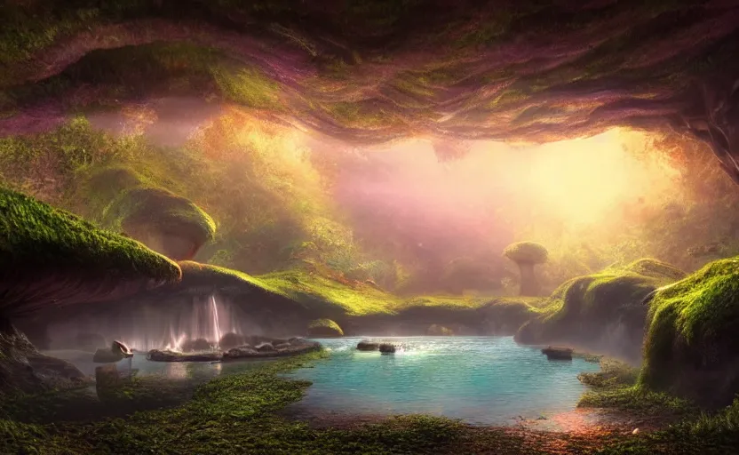 Prompt: a beautiful and stunning professional digital artwork of a humongous mushroom cave, haze, waterfall, lake, spores in the air, volumetric lighting, hyperrealistic, sunset, rtx on, ultra detail