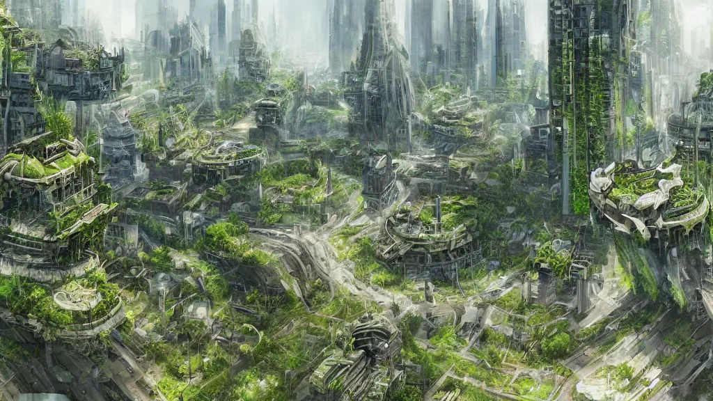 Prompt: an environmental concept art of a lush city in the year 2 0 5 0, highly detailed, realistic
