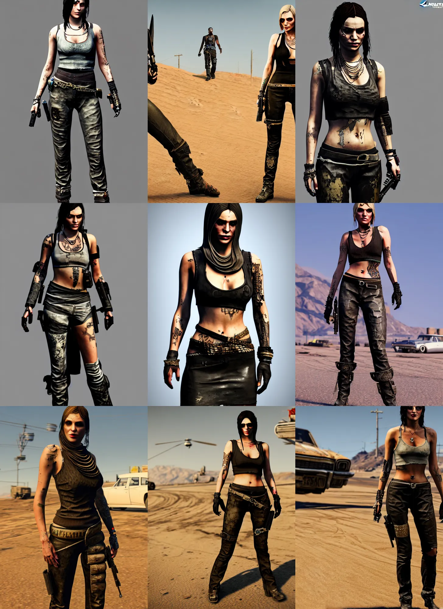 Prompt: full body concept, gtav style mad max female with beautiful face wearing intricate clothing, octan render, 4 k