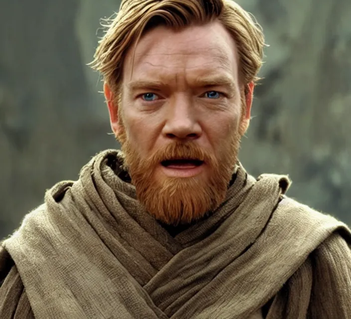 Image similar to still image of obi - wan kenobi making a funny face, ewan mcgregor, live - action, star wars movie, cinematic