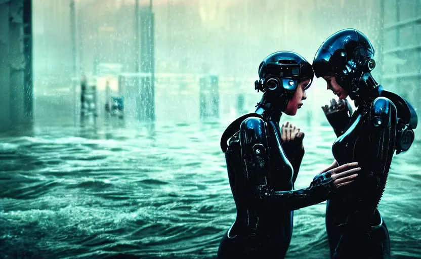 Image similar to cinestill 5 0 d candid photographic portrait by steven spielberg of two loving female androids sobbing wearing rugged black mesh techwear in treacherous waters, flooded city, medium closeup, retrofuturism cyberpunk moody emotional cinematic, pouring iridescent rain bright spotlight helicopter, 8 k, hd, high resolution, 3 5 mm, f / 3 2, ultra realistic faces, ex machina