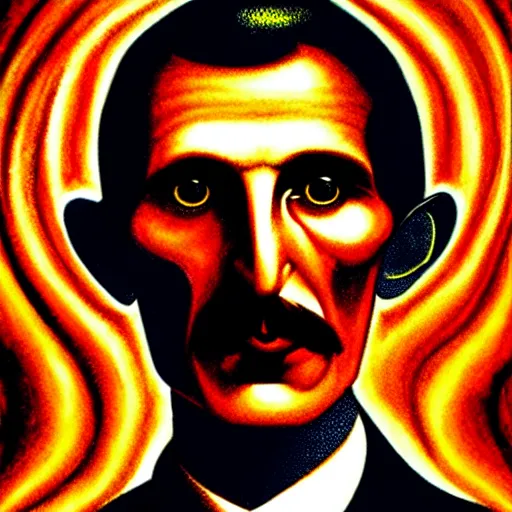 Prompt: An extremely psychedelic portrait of Nikola Tesla, surreal, LSD, face, detailed, intricate, elegant, lithe, highly detailed, digital painting, artstation, concept art, smooth, sharp focus, illustration