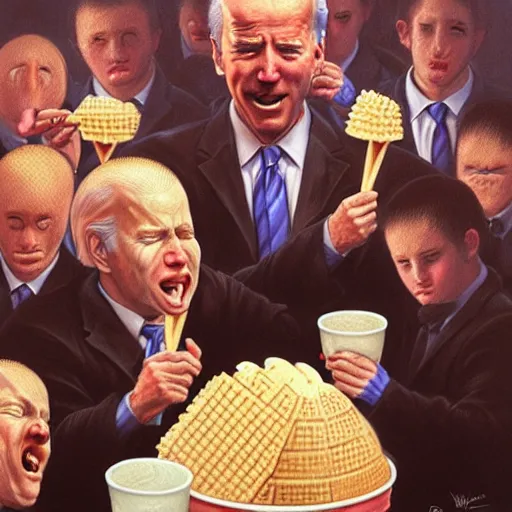 Image similar to epic Joe Biden eats waffle cone ice cream in pandemonium, demons and souls, portrait, art by Wayne Barlowe, oil on canvas