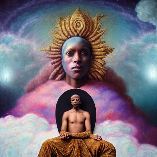Prompt: obatala the cosmic god sitting on a throne of nebula clouds, by Agostino Arrivabene and amanda sage, matte painting, orisha, surreal portrait, 8k, hd