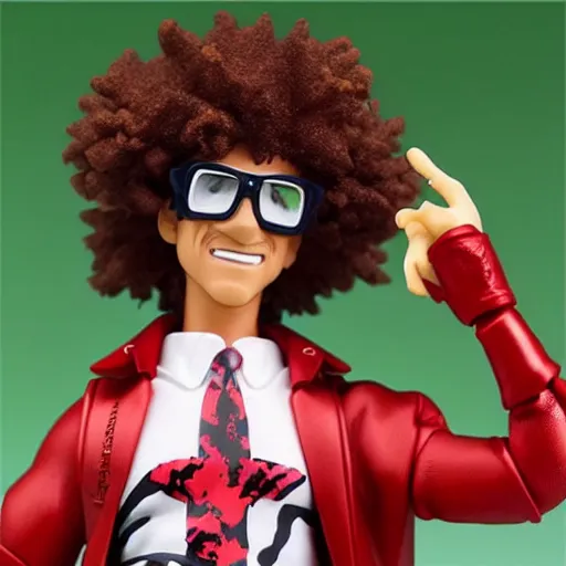 Image similar to Redfoo as a Figma anime figurine. Posable PVC action figurine. Detailed artbreeder face. Full body 12-inch Figma anime statue.